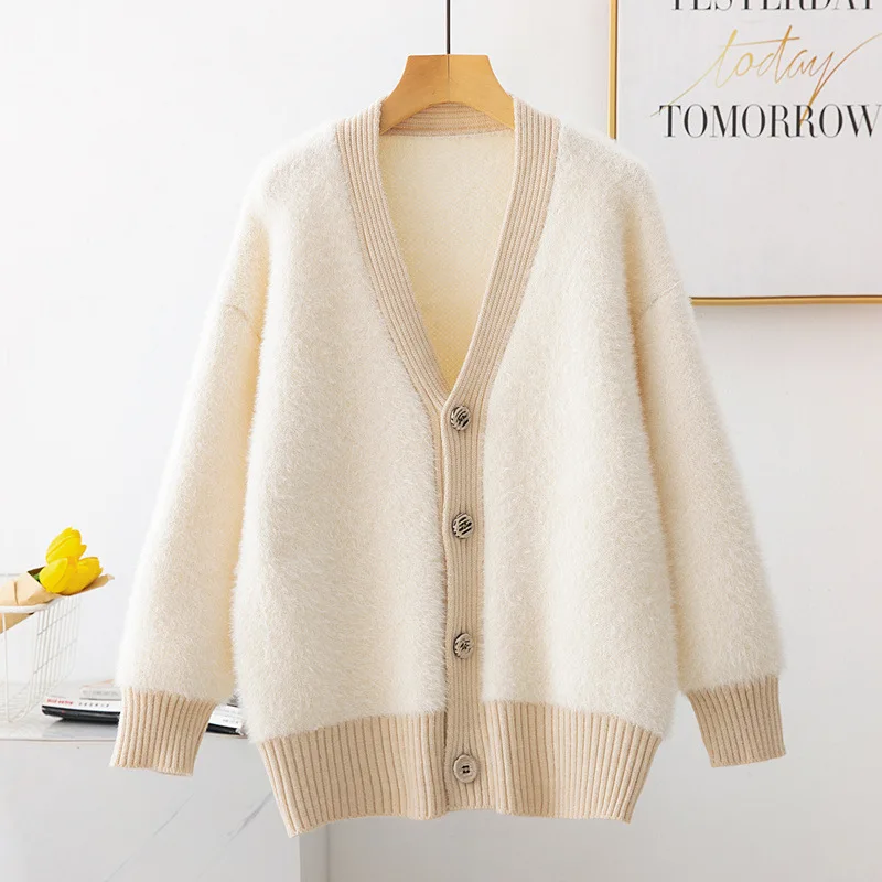 

2019 European Style Women's Long Sleeve Knit Solid Cardigans Female Woman Striped Hem Sweaters