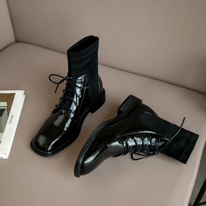 Beli Square Toe Ankle Boot Kulit Asli 3cm Tumit Rendah Ringkas Klasik Nyaman All-match Cross-tied Renda Lebih Tinggi Peregangan Wanita GDA04 MUYISEXI