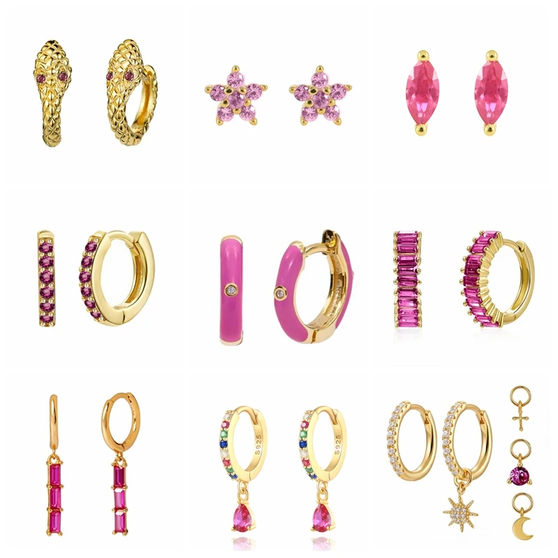 

2021 Sterling Silver Pink Zircon Boho Loops Earrings For Women Jewelry Enamel Piercing Earings Gift Boucle Oreille Femme