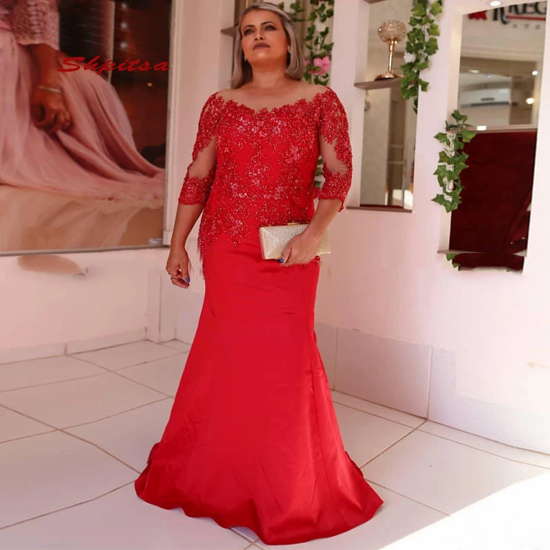 

Red Long Sleeve Lace Mermaid Mother of the Bride Dresses Gowns for Weddings Plus Size Evening Formal Godmother Groom Dresses