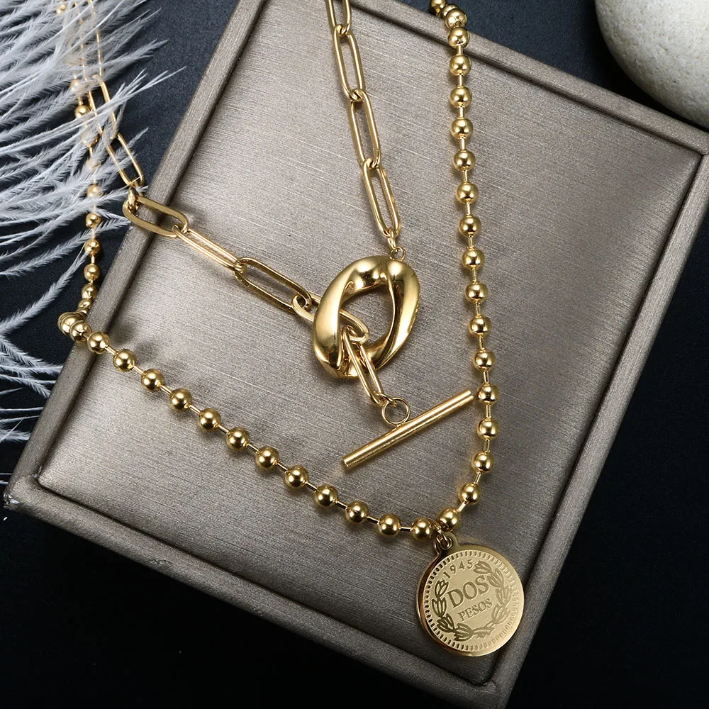 

ZMFashion Vintage Multilayer Religious Coin Pendant Necklace Women Men Stainless Steel OT Buckle Layered Chains Choker Jewelry