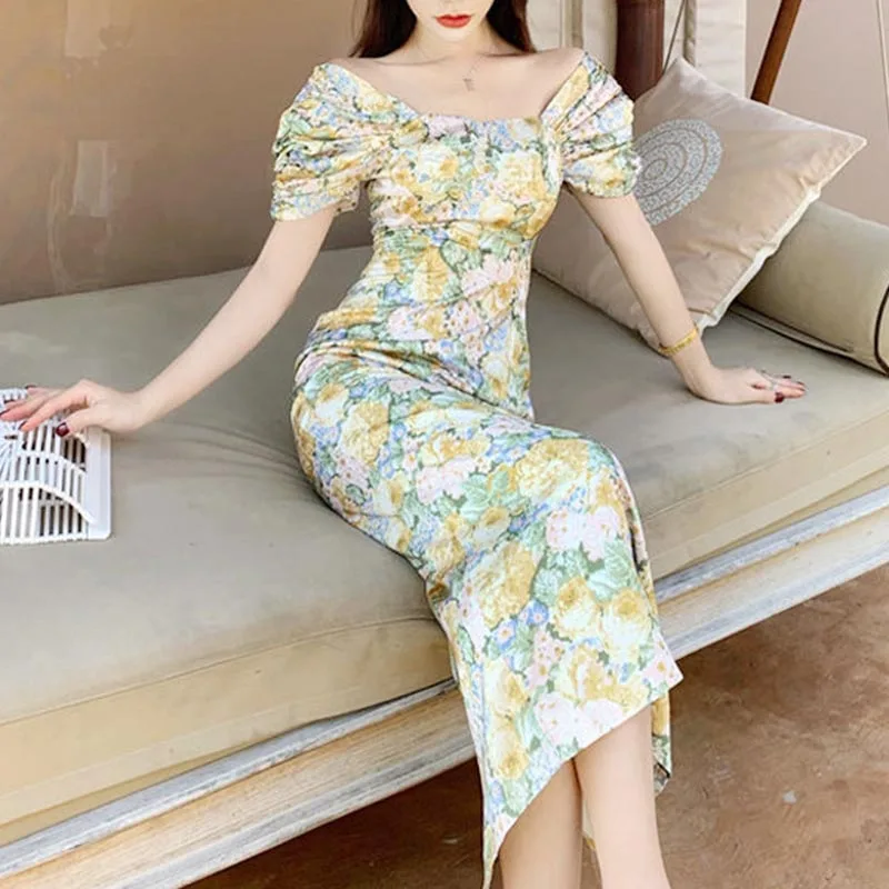 

Korean Style Floral Print Dress Women Sexy Elegant Sweet Off Shoulder Slim Chic Fairy Dress Holiday Dye Kawaii Beach Dress 2021