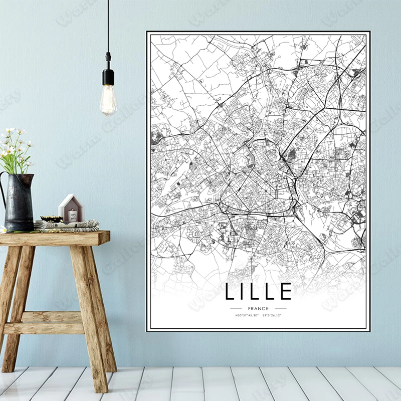 Черно-белая карта французского города Лилль Плакат HD Печать настенное Искусство