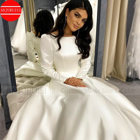 Long Puff Sleeves Wedding Dress Matte Satin Vestido De Novia 2022 Hochzeit Suknia A Line Bride Gown Robe Mariage Boda Trouwjurk