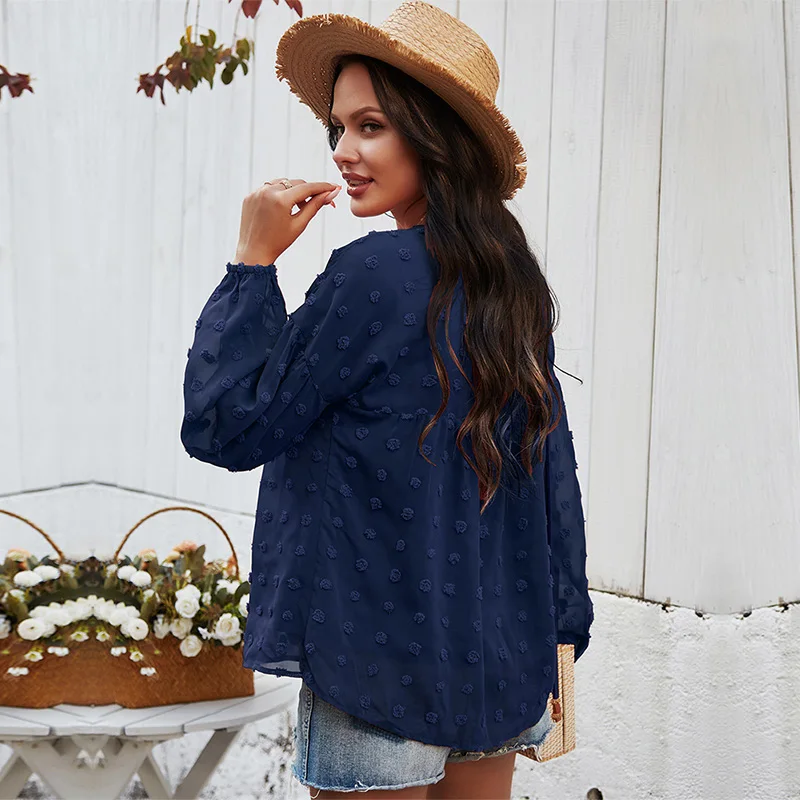 

2021 Spring New Chiffon Blouse Women Fashion V Neck Full Sleeve Summer Blouse Shirt Tops For Women Casual Solid Color
