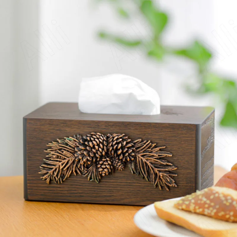 

Простой ящик для салфеток из твердой древесины сосновые конусы рельефные бумажные коробки Настольный органайзер для салфеток для отеля кр...