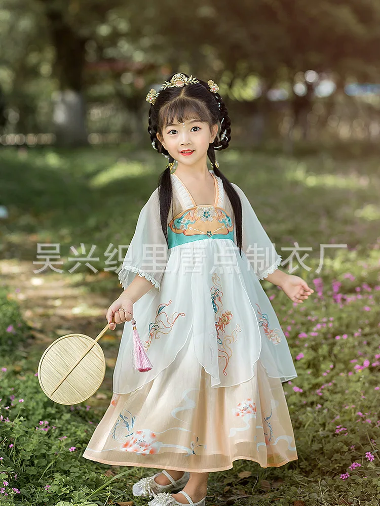 

2021 Summer New Girls Chinese Style Embroidered Light Yarn Princess Children Short Sleeve Hanfu Dress Party Kids