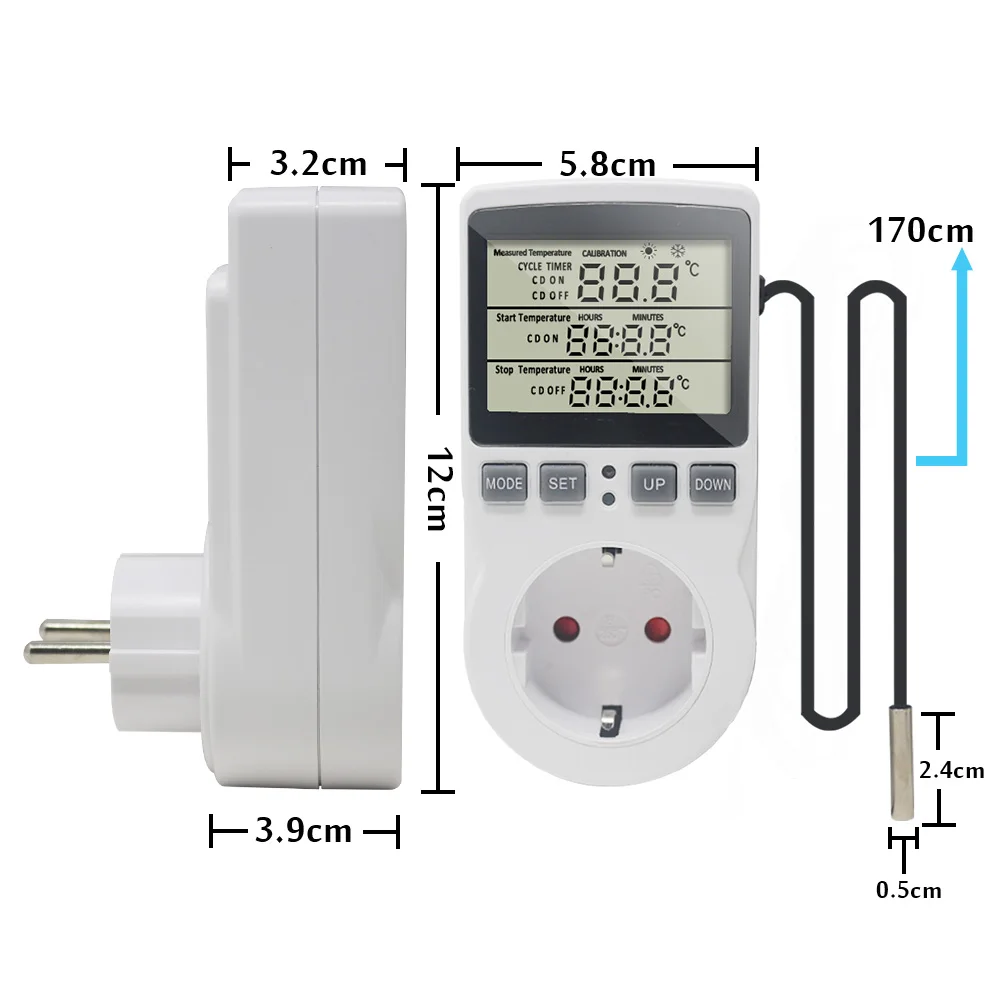 

Multi-Function Thermostat Digital Temperature Controller Socket Outlet With Timer Switch Sensor Probe Heating Cooling 16A 220V