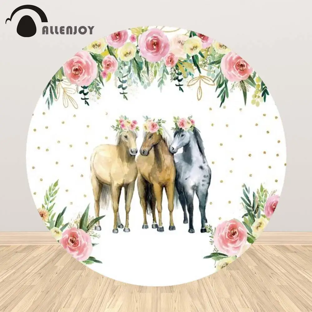 

Allenjoy Horse Round Background for Photography Flowers Golden Polka Dot Photo of Newborns Baby Backdrop Baby Shower Wallpaper