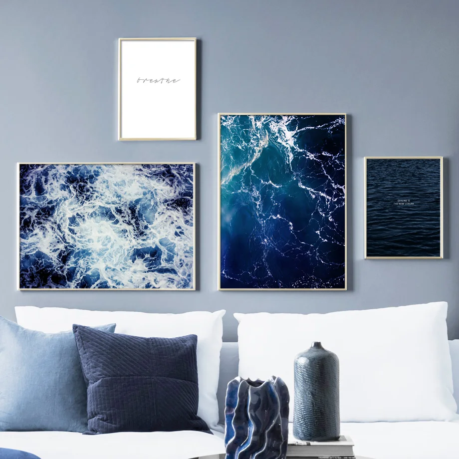 

Sea Navy Blue Ocean Waves Quote Wall Art Canvas Painting Nordic Posters And Prints Landscape Wall Pictures For Living Room Decor