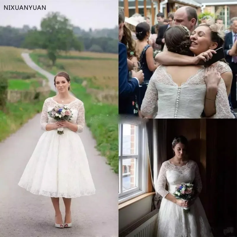 Короткое свадебное платье E JUE SHUNG кружевное с глубоким вырезом и рукавом 3/4