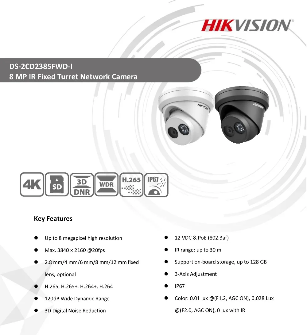 Hikvision 8MP IP камера POE для наружного видеонаблюдения 4K камера s DS-2CD2385FWD-I с 30 м IR встроенным слотом для sd-карт и H.265