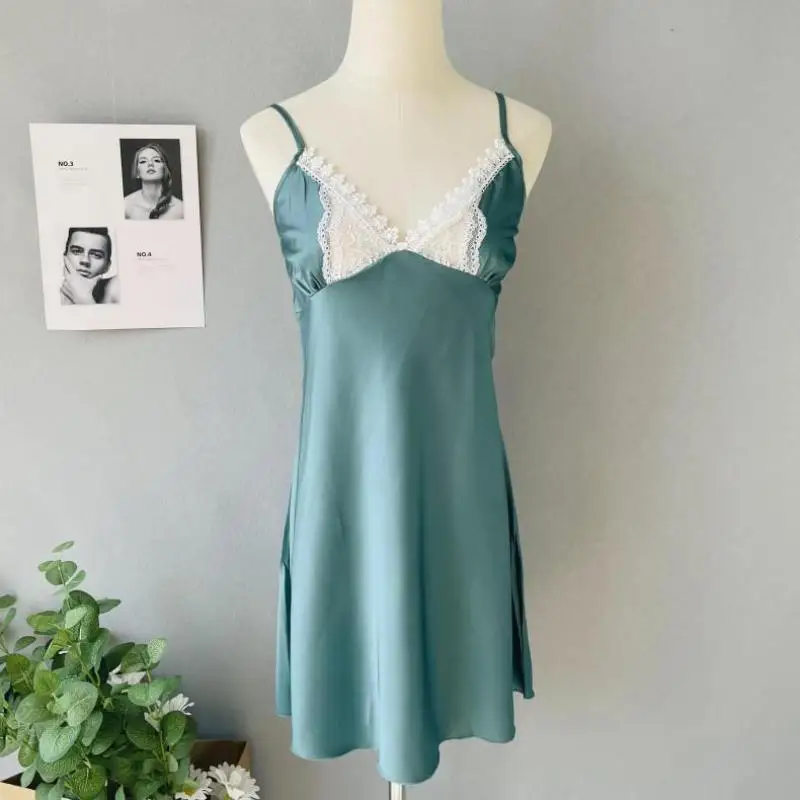 

Green Casual Women Home Clothing Intimate Lingerie Sexy Spaghetti Sling Sleeveless Nightgown Satin Lace Patchwork Nightdress