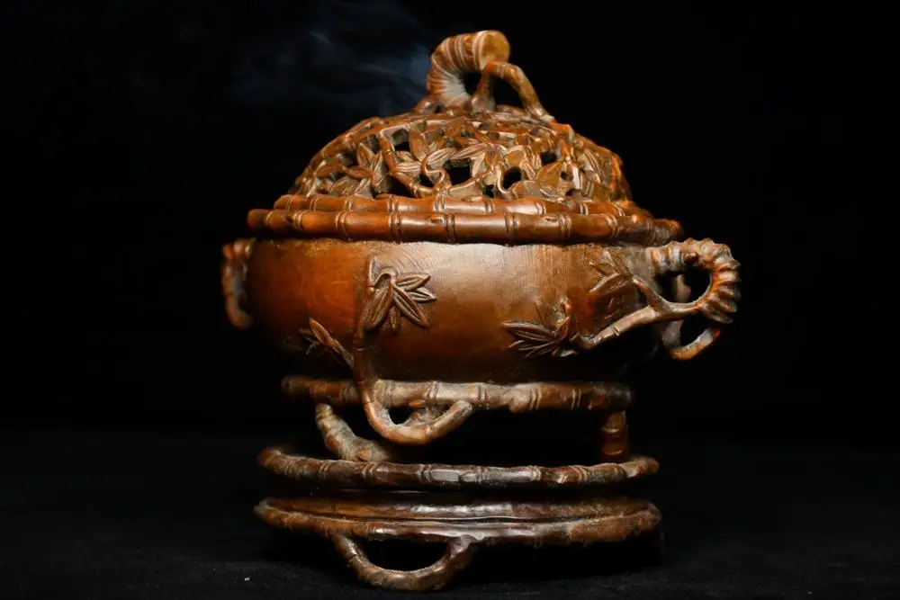 

6" China Lucky Seikos Boxwood Bamboo leaf hollow incense Bamboo shape pattern incense burner With base