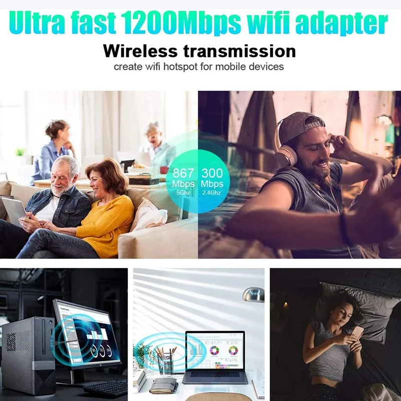 

1200Mbps Dual Band Wi-Fi Adapter with 5DBi High Gain Antenna, USB 3.0 Wireless WiFi Adapter for PC Windows,Mac OS X
