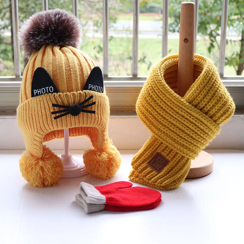 

3Pcs A Set Hat and Scarf Gloves Boys and Girls Winter Warm Plush Cotton Cap Outdoor Children Warm Knitted Gifts Baby Hat