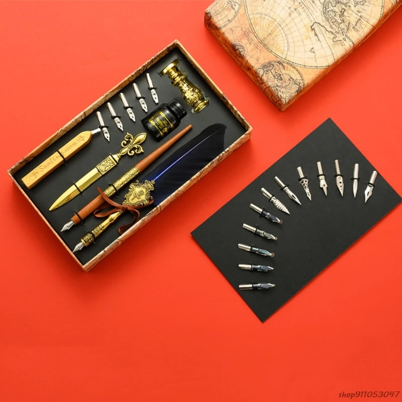 

Vintage Quill Feather Dip Pen Fountain Writing Ink 5 Nibs Seal Wax Gift Box Calligraphy Stationery School Supplies Wholesales