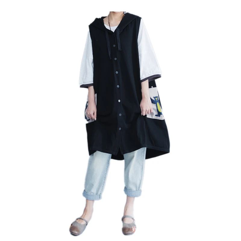 

Women Fashion Cartoon Printed Sleeveless Hooded Long Vest Office Lady Korean Style Single Breasted Loose Casual Cotton Waistcoat