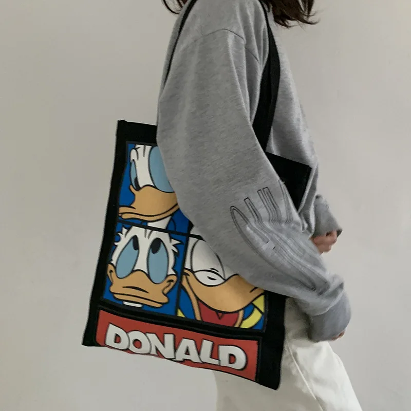 Women's Donald Duck  Canvas Tote Bags Korean Students Shoulder Cotton Cloth Shopping Bag Foldable Shopper Bag Handbag for Girls