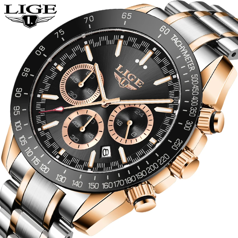

2021 New LIGE Mens Watches Men Top Brand Automatic Date Wristwatch Stainless Steel Waterproof Quartz Chronograph Clock Gift Box