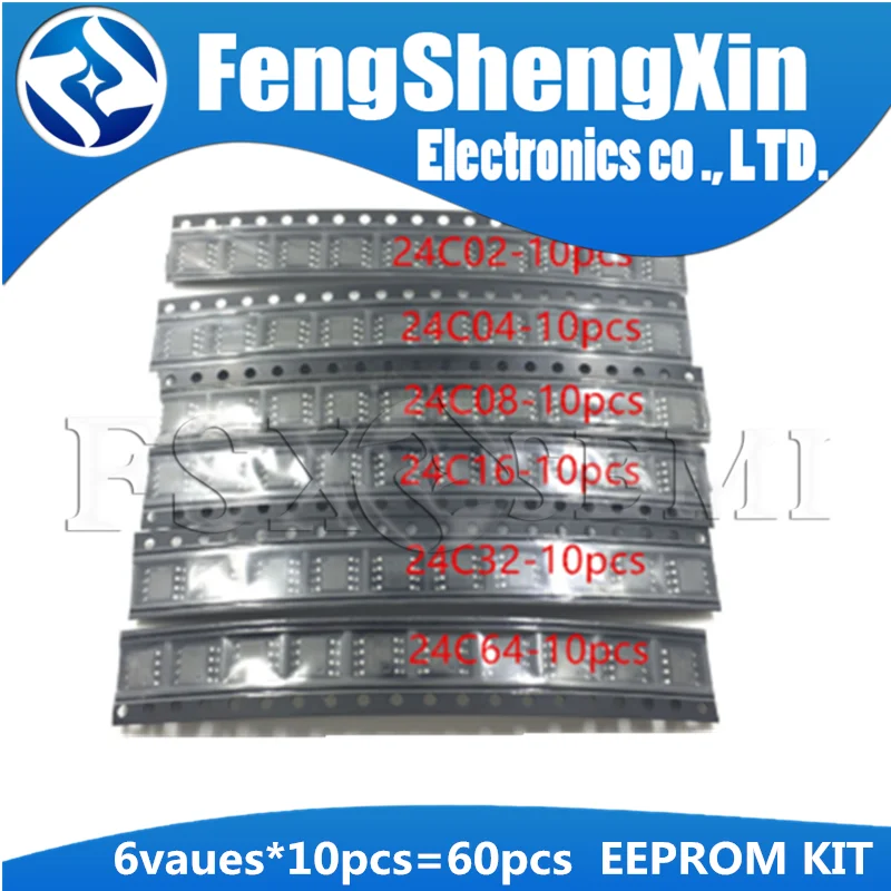 6 ценности * 10 шт. = 60pcs Новая 24C02 24C04 24C08 24C16 24C32 24C64 лапками углублением SOP 8 комплект