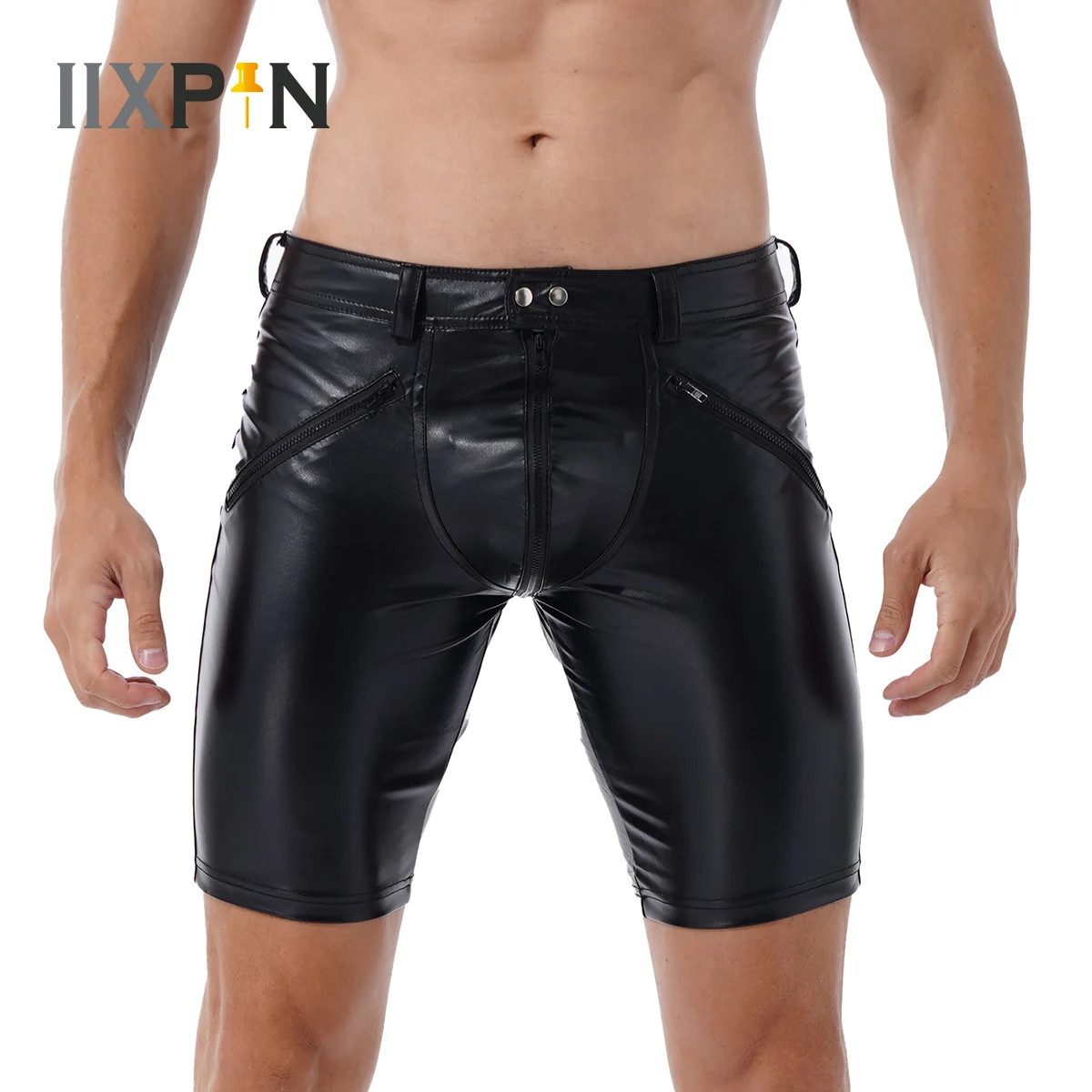 Black Men Latex Wetlook Pants Sexy Soft Leather Middle Pants Full Zipper Workout Gym Fitness Shorts Fashion Punk Party Clubwear