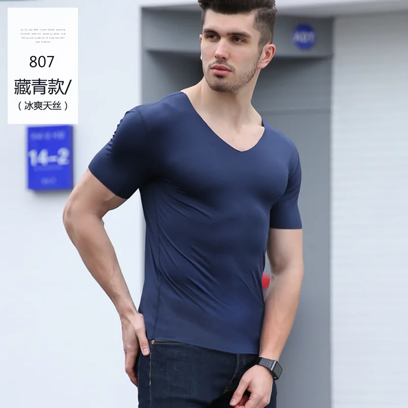 Летняя мода тонкая мужская футболка с коротким рукавом чистый цвет бесследный v