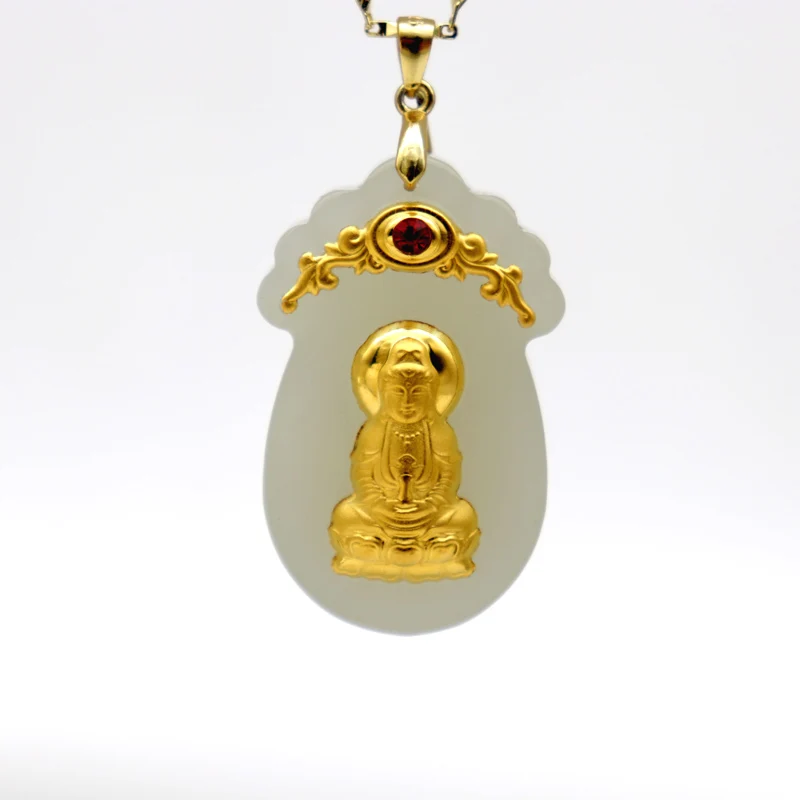 

Натуральное подлинное Нефритовое ожерелье Hetian из 24-каратного золота, резная искусственная кожа, мужские и женские ювелирные изделия, амуле...