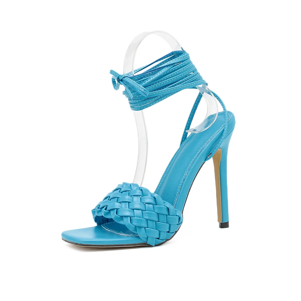 

NIUFUNI 2020 Fashion Solid Color Ankle Strap Women Sandals Square Toe Stiletto High Heels Weave Shoes For Women Summer Footwear