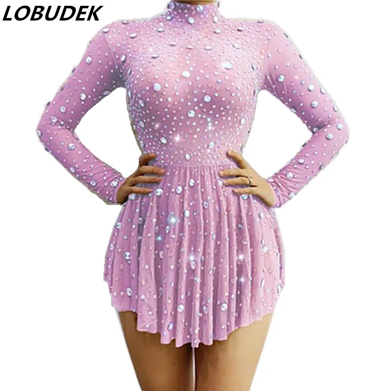 Женское короткое Прозрачное платье стразы розовое черное Сетчатое для вечеринки