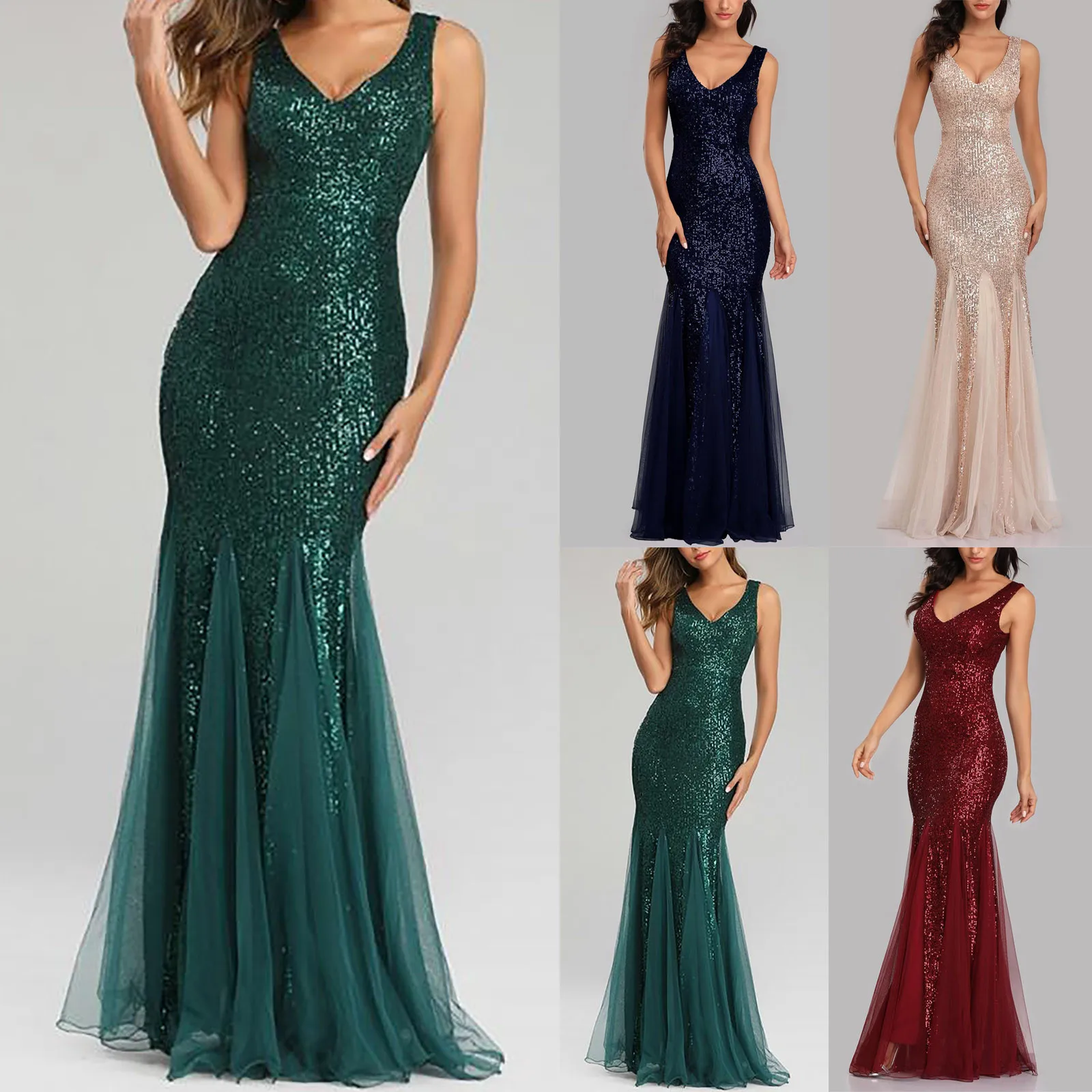 

Strapless V-Neck Special Sequined Mermaid Party Dress Wedding Gowns Slim Sleeveless Mermaid Party Gown Party Dresses A20