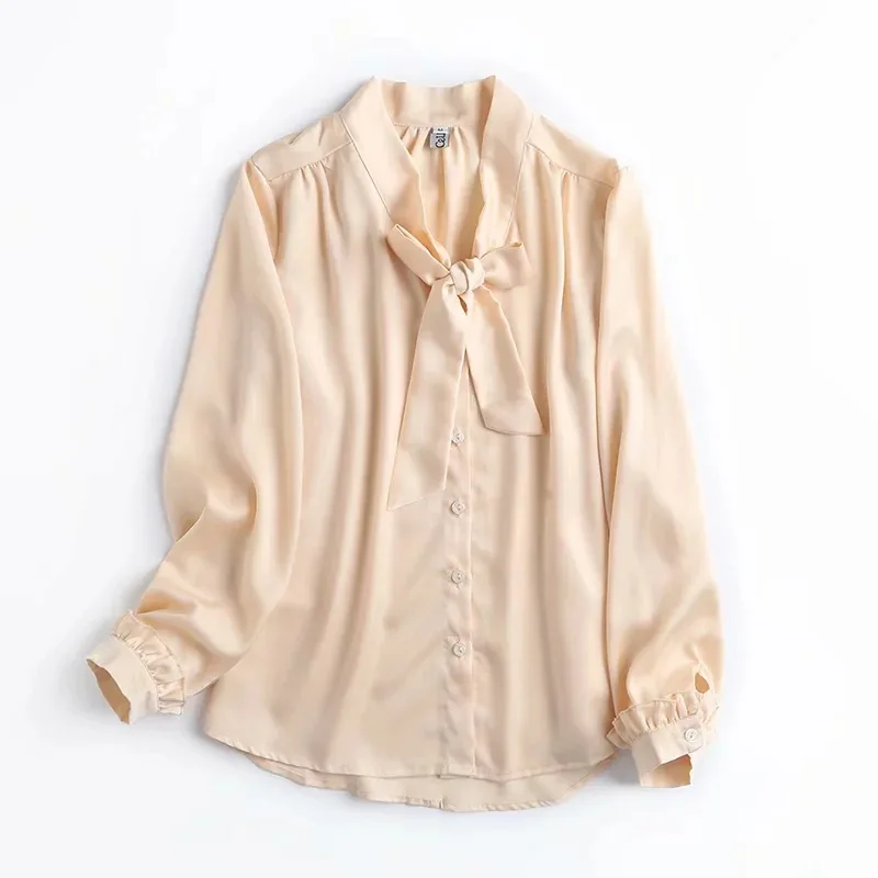 

VANOVICH Apricot Lace Bowknot Ladies Fashion Long-sleeved Shirt Casual Office Lady Tops Blouse