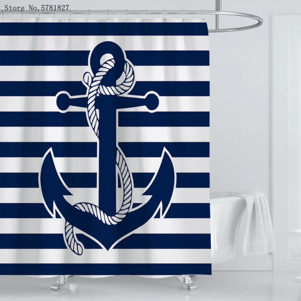 34 pieces blue anchor shower curtains sets euro nautical carpet pedestal rug lid toilet cover bath mat sea marine bathroom sets free global shipping