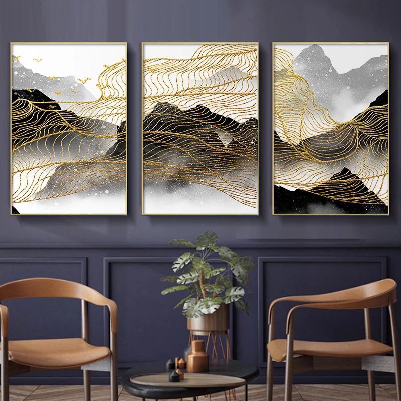 

Nordic Gold Landscape Poster Abstract Mountain Canvas Painting Print Wall Art Picture For Living Room Bedroom Modern Home Decor