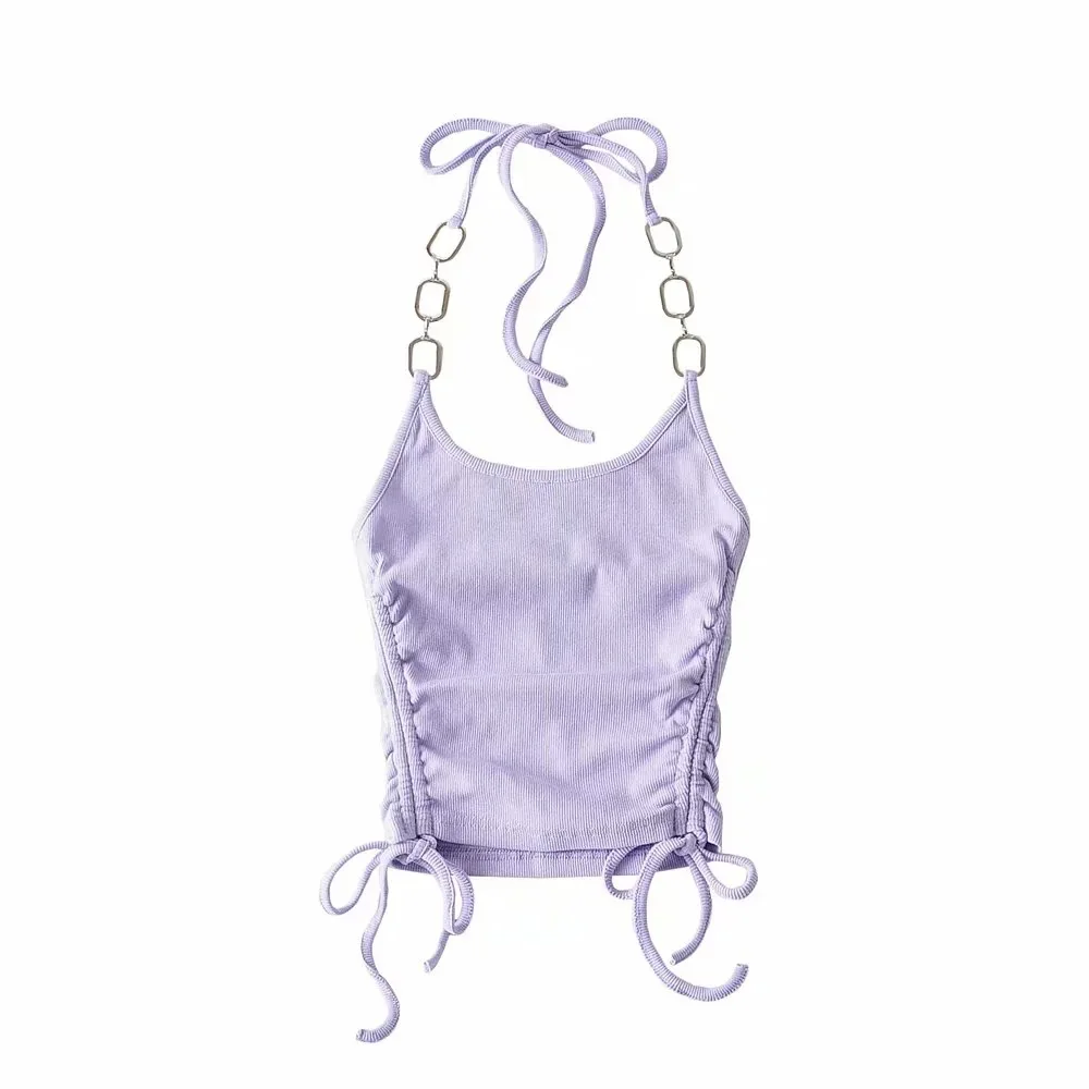 

2021 Summer New Women's Clothing Chain on Neck Backless Sexy Vest Drawstring on Both Sides Slimming outside Wear Top