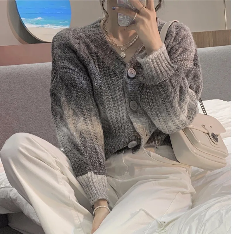 Женский трикотажный свитер в стиле ретро Радужный вязаный кардиган с V-образным