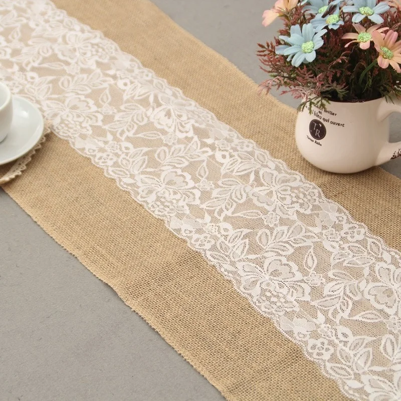 

30*275cm Burlap Table Runners Natural Jute burlap lace table runner Wedding Festival Event Christmas Table Decoration