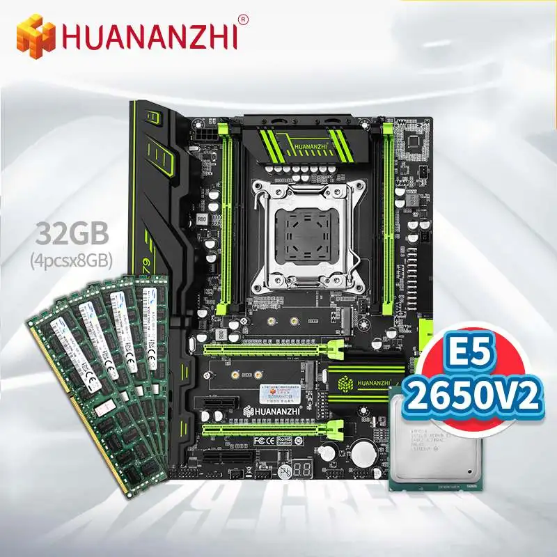 Online HUANANZHI X79 GRÜN Motherboard Mit Intel XEON E5 2650 V2 Wiht 4*8GB DDR3 RECC Speicher Combo Kit Set SATA USB 3,0 NVME M.2