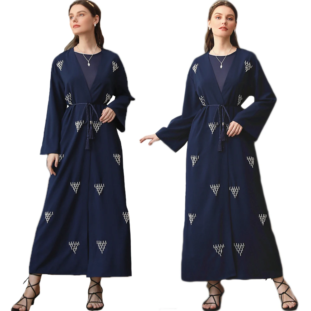 

Dubai Kaftan Muslim Abaya Bead Open Kimono Long Dress Elegant Luxury Maxi Robe Gown Turkish Middle East Bangladesh UAE Fashion