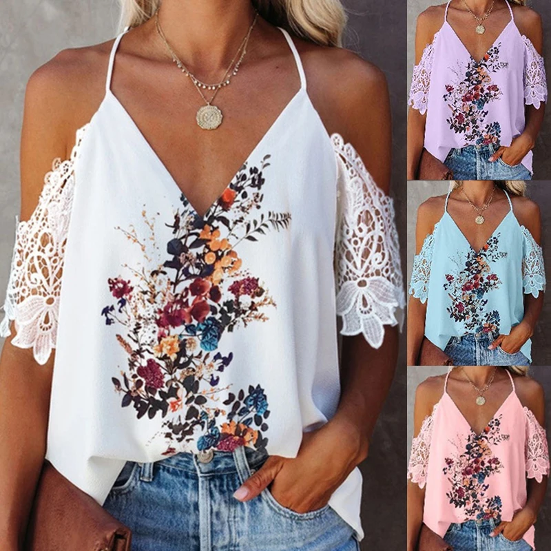 

Women's Lace Sling T-shirt Fashion Loose Casual Floral Print Off Shoulder V-Neck Top Summer Beach Vacation Oversized Clothing