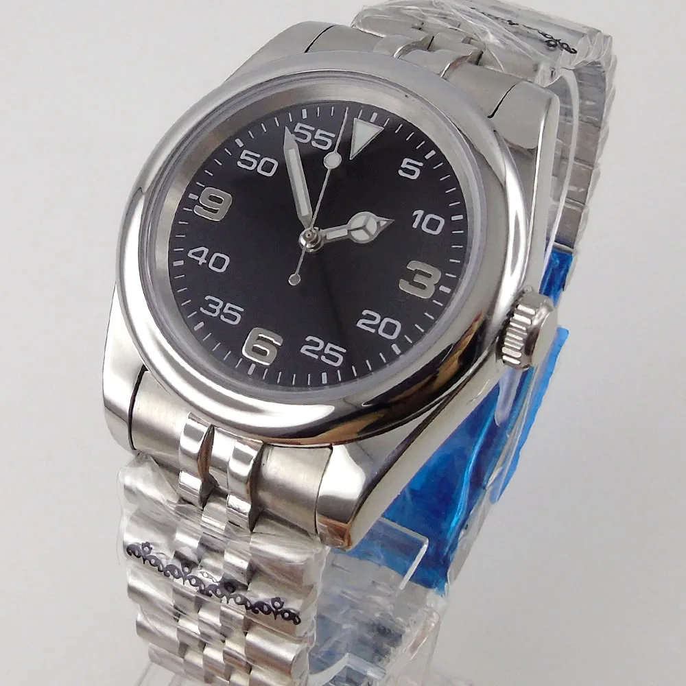 

39mm Polished Automatic Men's Watch Genuine NH35 Movement Black Dial Sapphire Glass Green Lume Screw In Crown Jubilee Bracelet