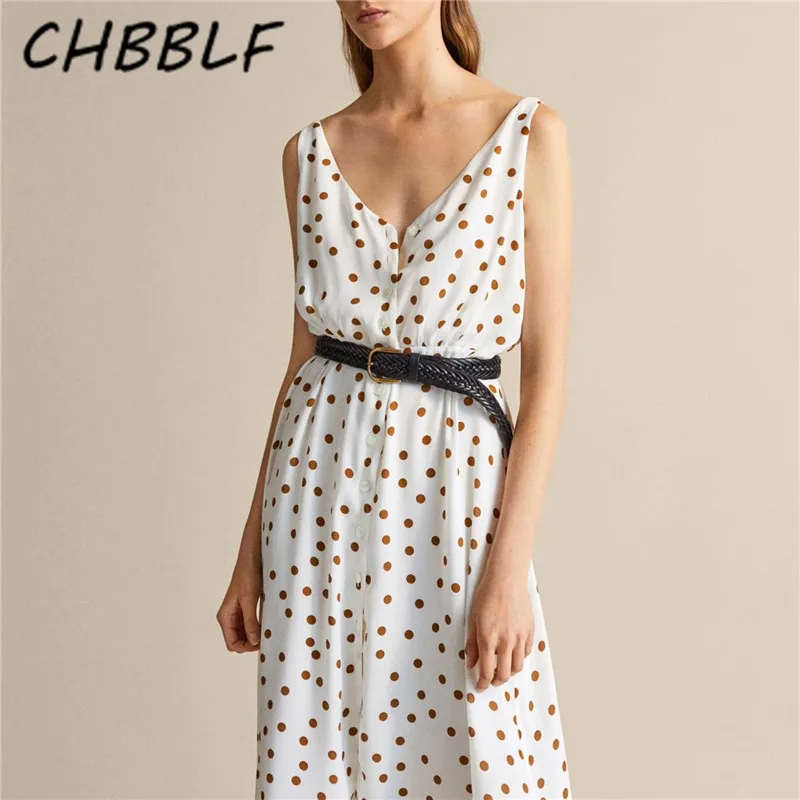Женское длинное платье без рукавов CHBBLF белое элегантное в горошек с v образным