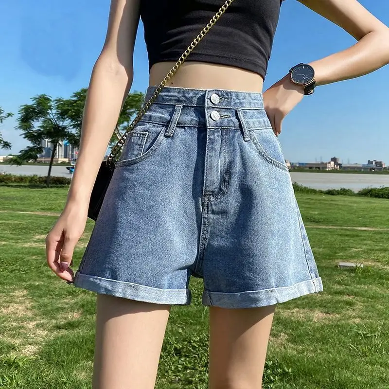 

Super high waist denim shorts women's 2021 summer new versatile loose A-line wide leg slim curled hot pants