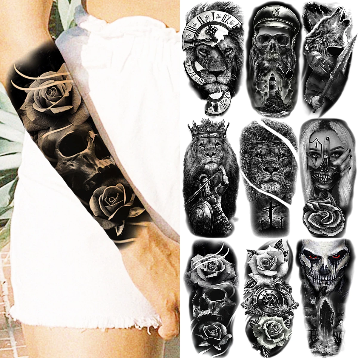 

Black Halloween Skull Flower Temporary Tattoos Realistic Lion Compass Crown Pirate Clown For Women Men Arm Leg Tatoos Body Art