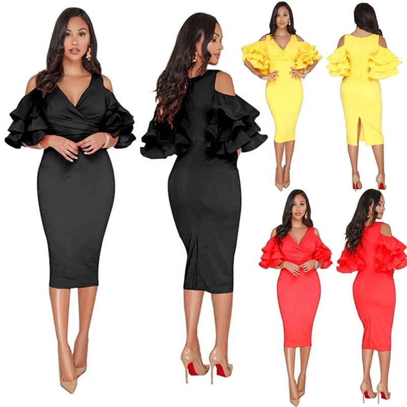 

Sexy V-Neck Ruffle Off Shoulder Womens Party Dresses 2021 New Summer Women Pencil Midi Solid Red Dress Robe Vestido De Festa