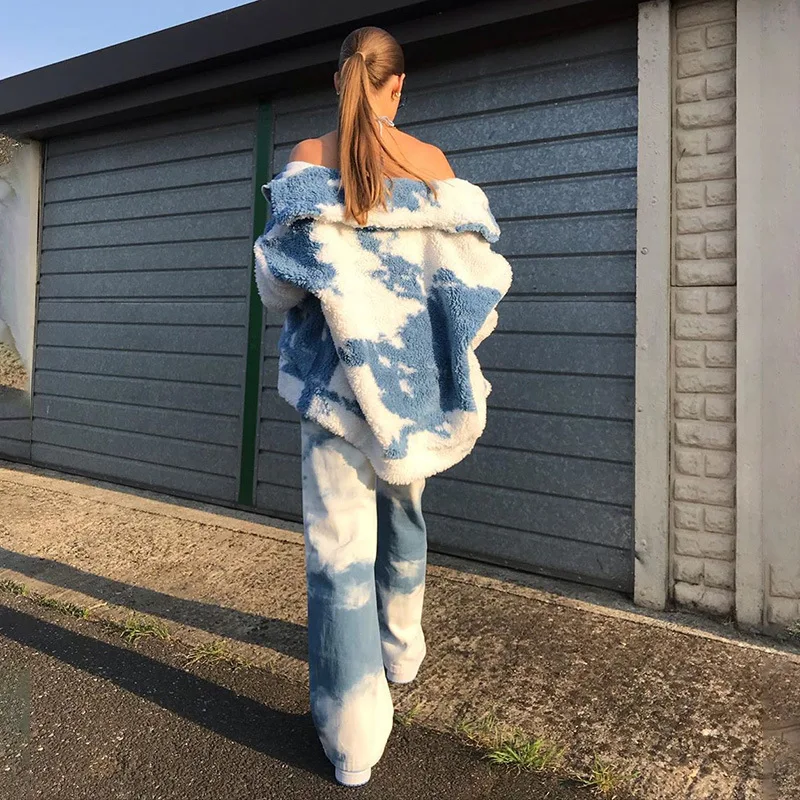 

Zipper Thick Jackets Oversized Coat Blue Tie Dye Print Vintage Lamb Fur Pockets Teddy Faux Fur Women Autumn Winter sweatshirt