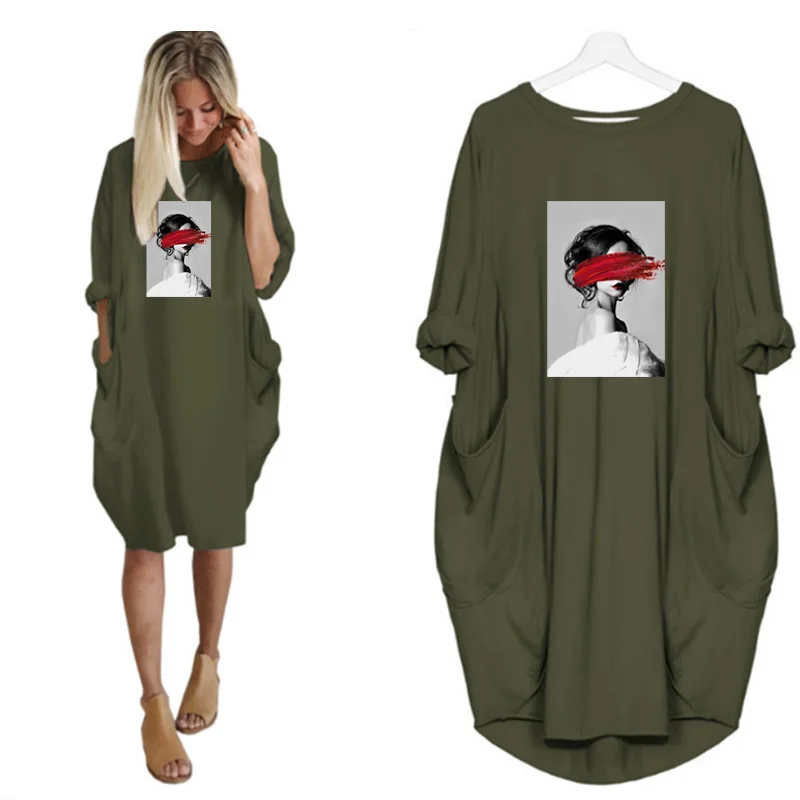 

Lovely Personality Woman Print Plus Size Dress Nordic Vintage Art Women Dresses Long Sleeve Pocket Casual Loose Party Midi Dress