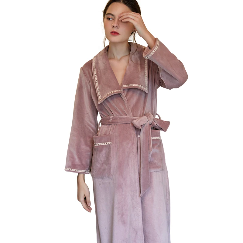 

Maison Gabrielle Pale Mauve Double-Faced Velvet Fleece Pajamas Robe Bathrobe Nightgown Warm Women's Loungewear French Retro