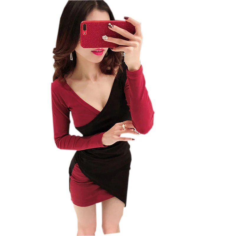 

Women Spring Summer Style Slim Sheath Dresses Lady Casual Long Sleeve Patchwork V-Neck Dress Vestidos SS408