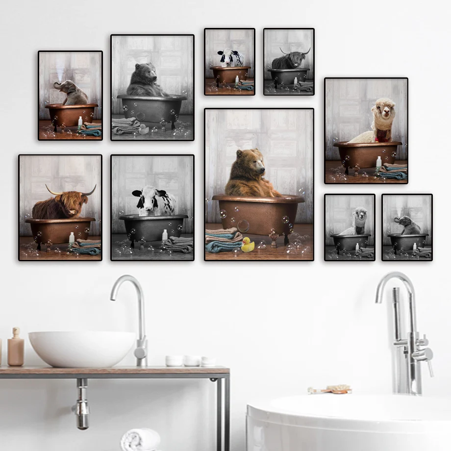 

Bear Yak Alpaca Cow Elephant Shower Bathtub Wall Art Canvas Painting Nordic Posters And Prints Wall Pictures For Bathroom Decor